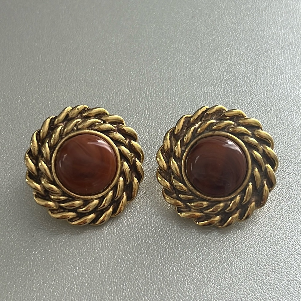 Gold Enamel Vintage Clip On Earrings